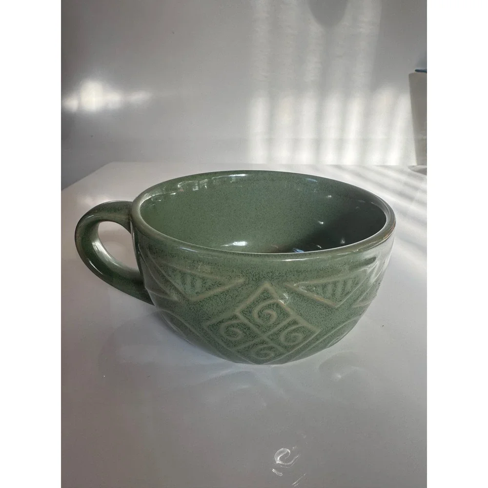 Pier 1 Green Stoneware Soup Mug Geometric Debossed Texture Oversized Cup 5 inch